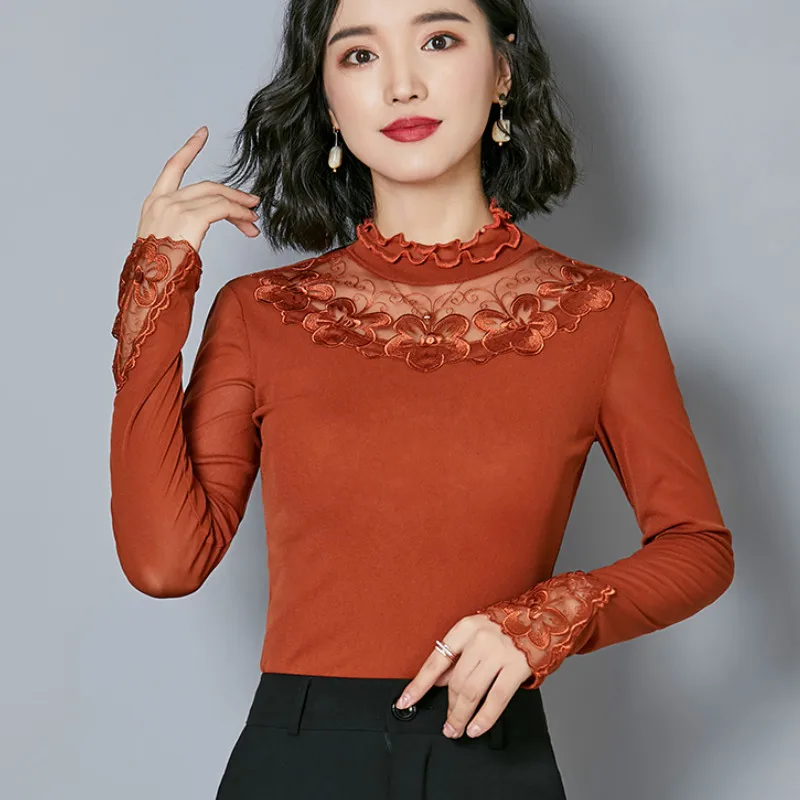 2018 Autumn Long Sleeve Stand Collar Flower Embroidery Mesh T shirts