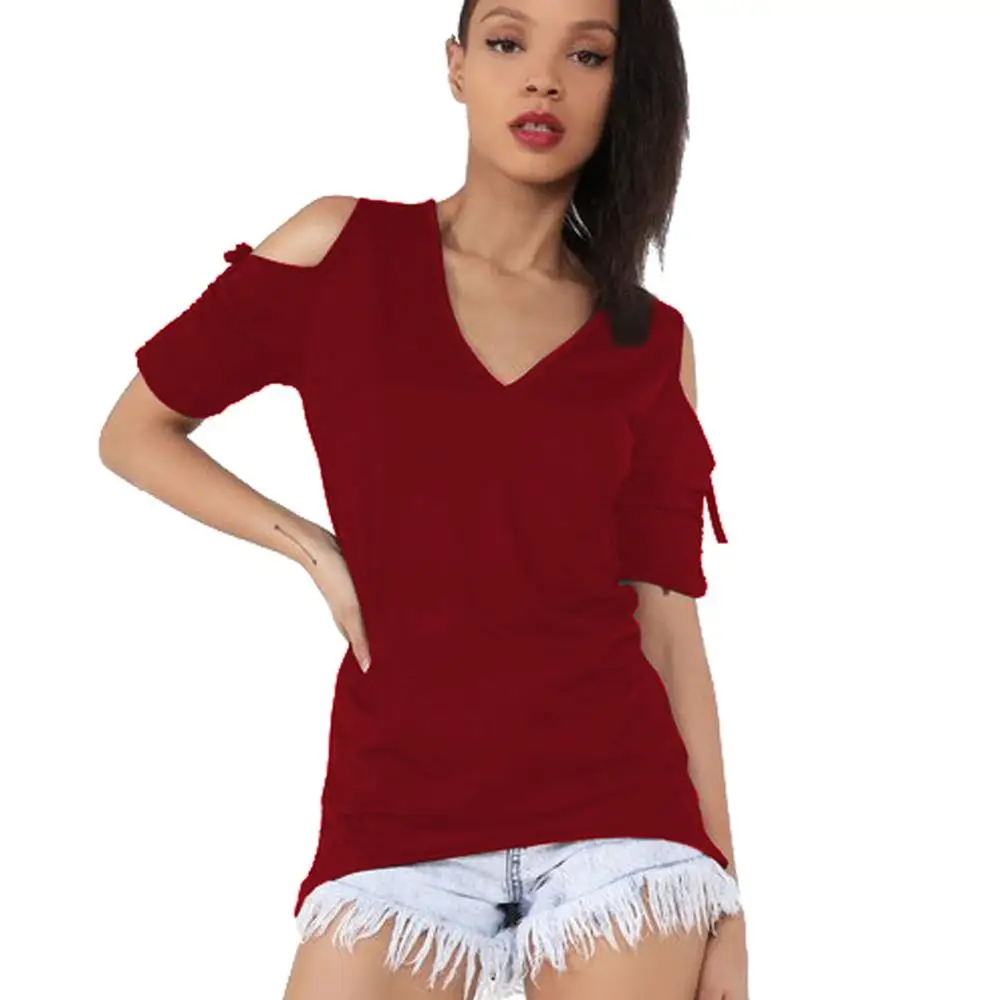 Women V neck Drawstring Short Sleeve shirts casual t shirt Plus Size