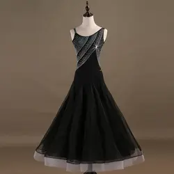 Высокое качество, новые платья для бальных танцев Для Женщин Производительность Стразы рукавов черное сексуальное Танго Вальс платье для