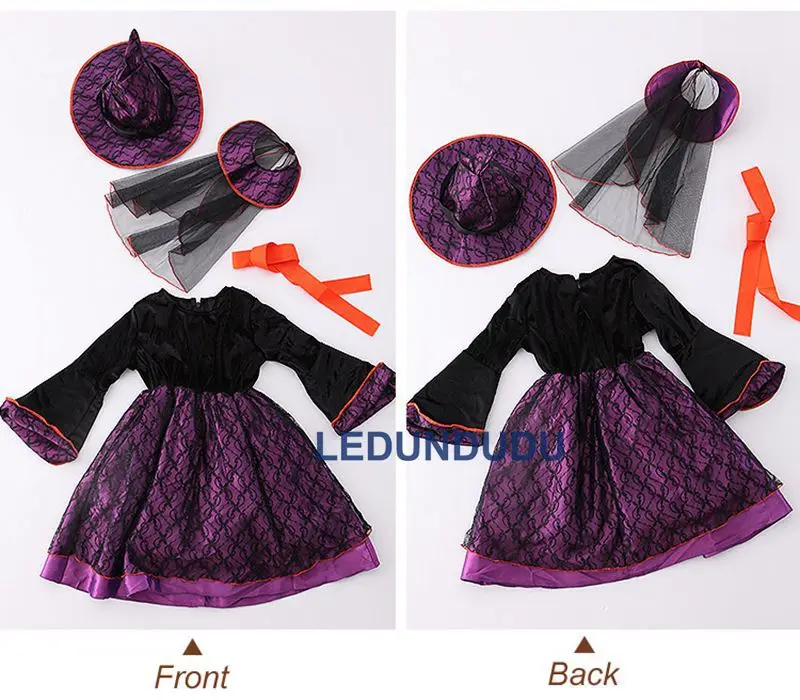 Kids Purple Witch Cosplay Costume with Hat Children Halloween Party Holiday Performance Clothes Girls Black Magic Witch Dress (14)