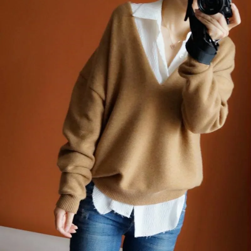 BELIARST Осень и зима кашемировый большой v-образный вырез женский кашемировый свитер ленивый Свободный пуловер сплошной цвет большой размер