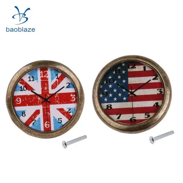 2Pieces Vintage Clock Cabinet Door Drawer Handle Pulls Knob Home Hardware the Union Jack + the Stars and Stripes