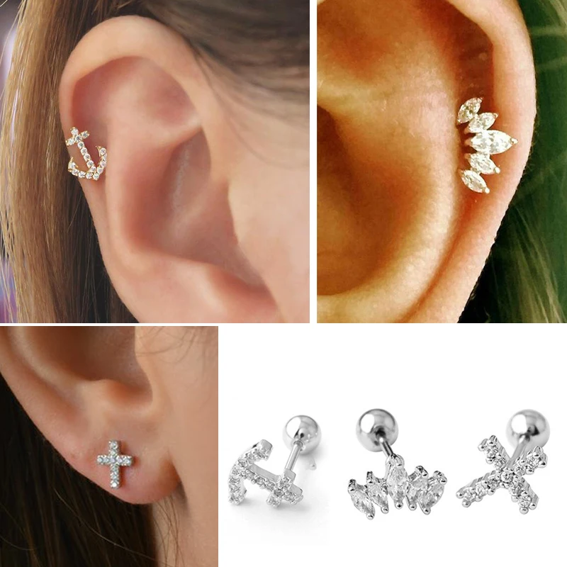 

Stainless Steel cartilage Piercing tragus earring Crown Cross Anchor CZ Conch helix Earring Stud 3pcs/set