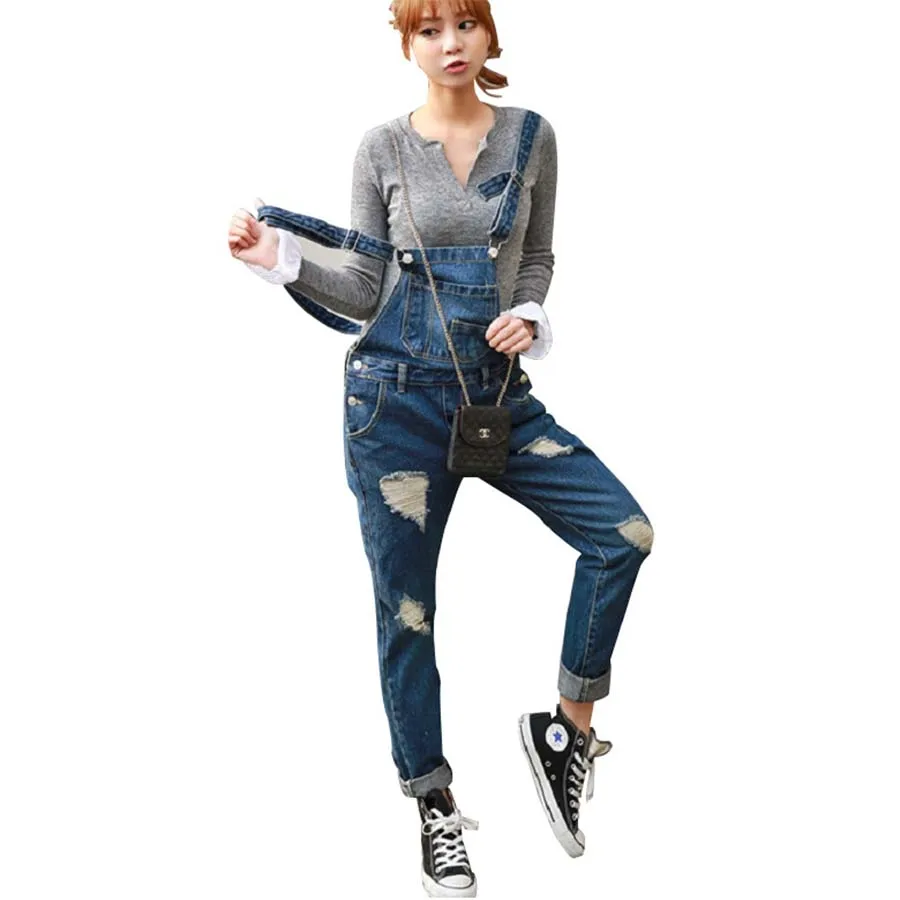 

Ripped Hole Denim Overalls Summer Female Distressed Casual Long Denim Jumpsuit Korean Strap Slim Jeans Jumpsuits Romper Women