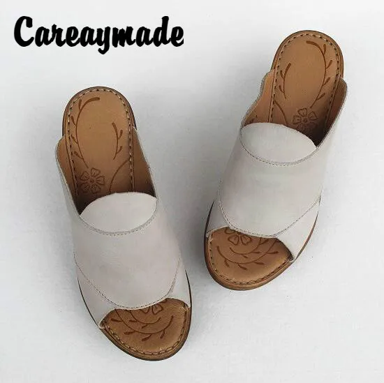

Careaymade-Inner and outer full leather sloping heel high heel sandals in summer, skid-proof soft bottom top cowhide sandals