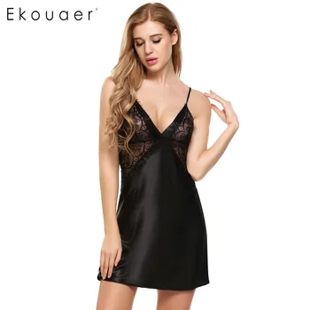

Ekouaer Sexy Deep V-Neck Nightwear Womens Sleeveless Pajamas Lace Patchwork Nightgown Satin Sleepwear Cami Home Dress