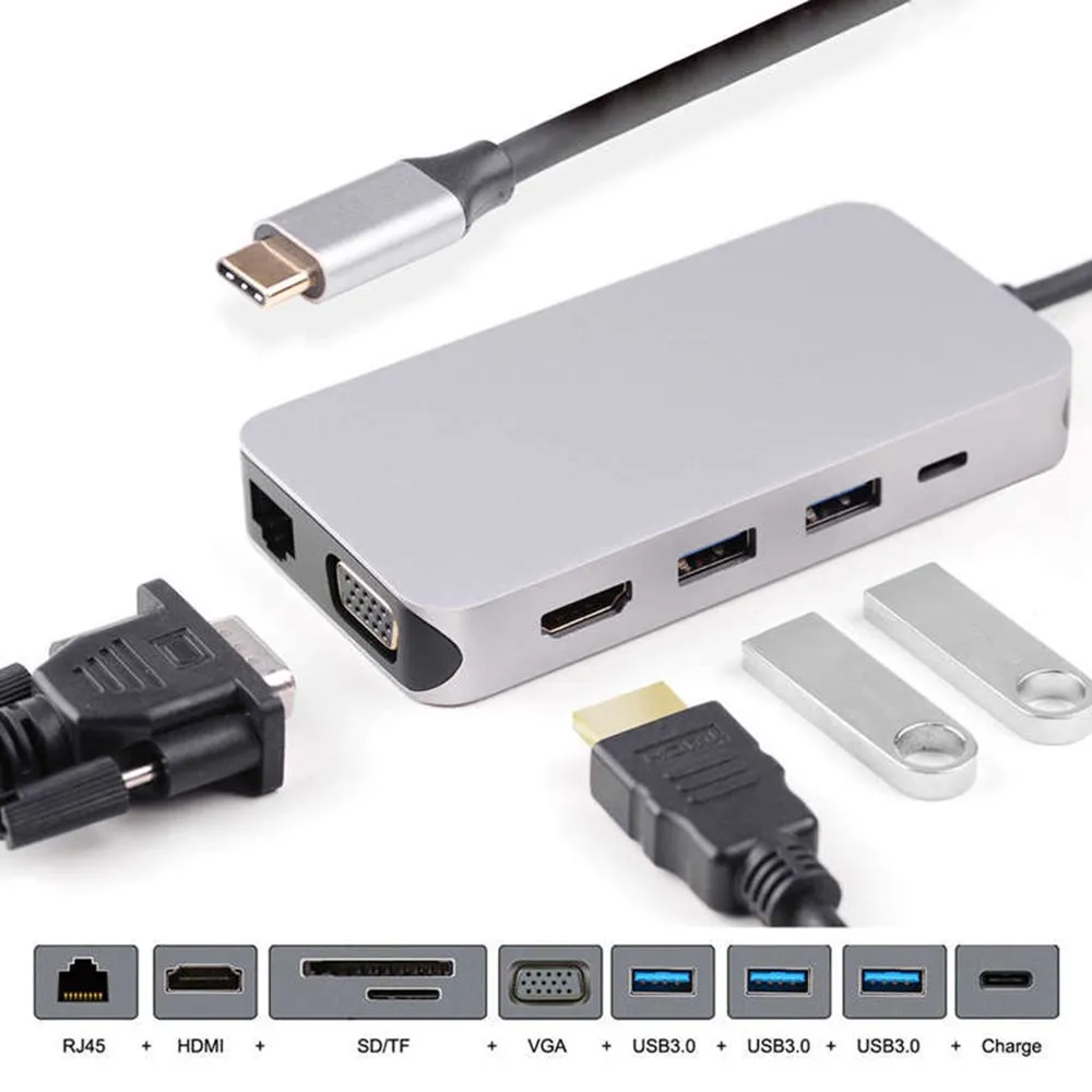 

10 In 1 USB C Hub Type C To HDMI VGA RJ45 USB3.0 Thunderbolt Audio SD TF Card Reader Adapter For MacBook Laptop USB Hub Adapter