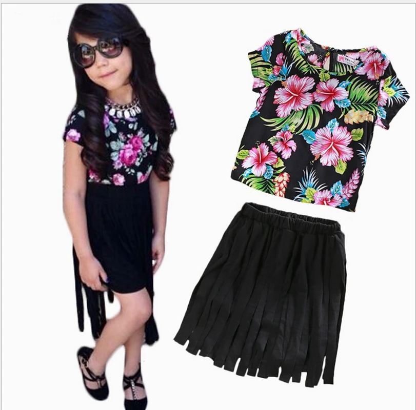

Summer Girls Fashion Round Collar Floral Short Sleeve Top + Black Skirt Two-piece Children's Clothing sets