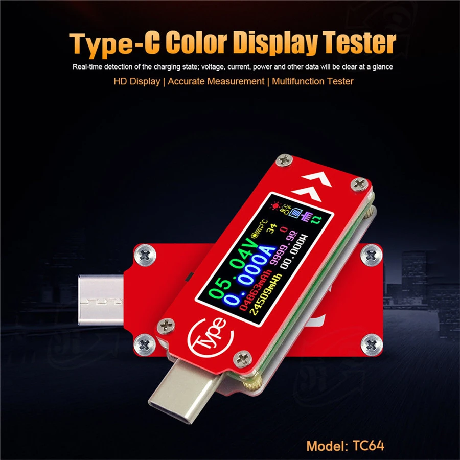 TC64 тип-c цифровой вольтметр Амперметр цветной ЖК-дисплей Напряжение измеритель тока Температура Емкость энергии USB тестер QC2.0 QC3.0