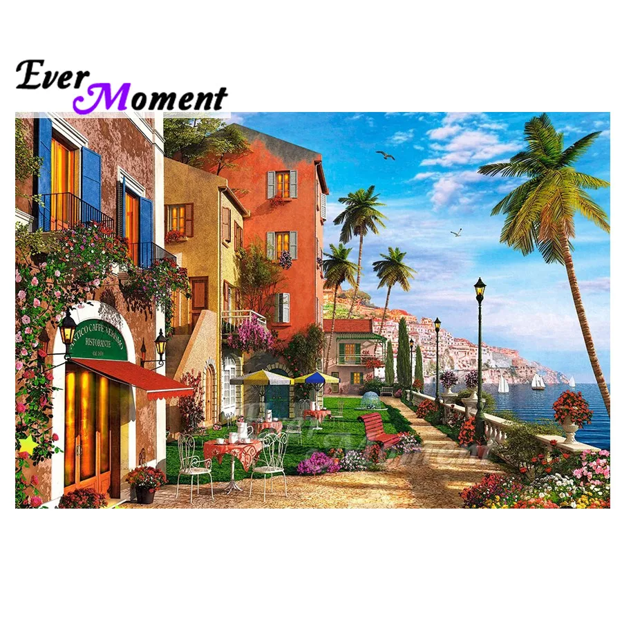 

Ever Moment Diamond Painting Mosaic Building Seaside Landscape Full Square Drill Artwork Cross Stitch Diamond Embroidery 3F1557