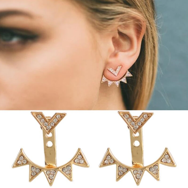 

Jisensp Triangle Stud Earrings CZ Curved Geometric Earrings Ear Jacket for Women Elegant Two Sides Earrings Fashion Jewelry