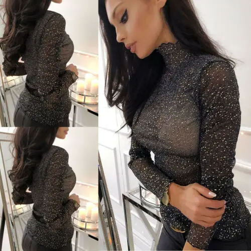 

Fashion Women Sequin See-Through Long Sleeve Glitter Top Mesh Sheer