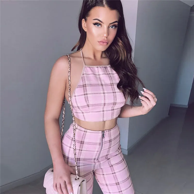2018 New Summer Women Sexy Backless Set Pink Plaid Sleeveless Two Piece Sets England Style Plaid Lace Up Top And Pants Sets Women's Sets