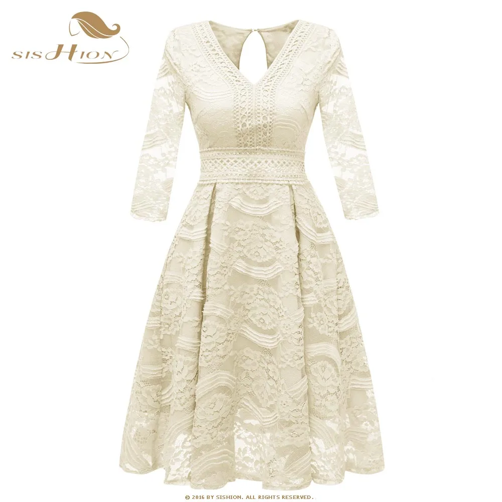 Apricot Dress SISHION элегантное кружевное платье три четверти Для женщин весна выдалбливают вечерние Розовый и абрикосовый цвета синий V шеи Винтаж сексуальное платье VD0946 - Цвет: Apricot Dress