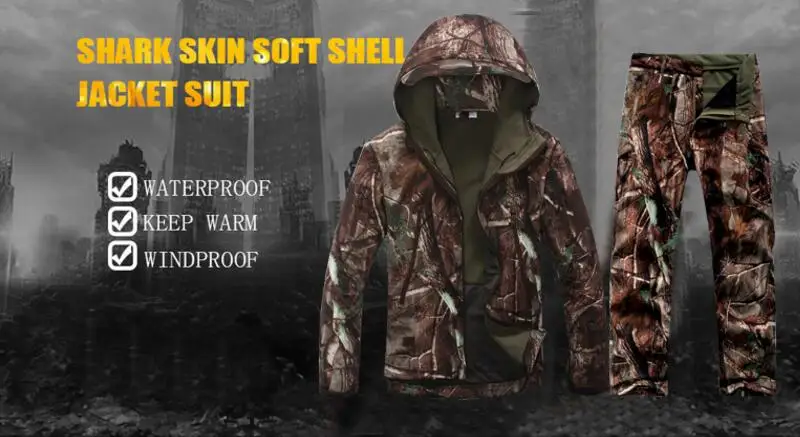 Зимняя ветрозащитная теплая водонепроницаемая мягкая куртка+ штаны для мужчин, для альпинизма, пешего туризма, теплое камуфляжное пальто, брюки, комплекты