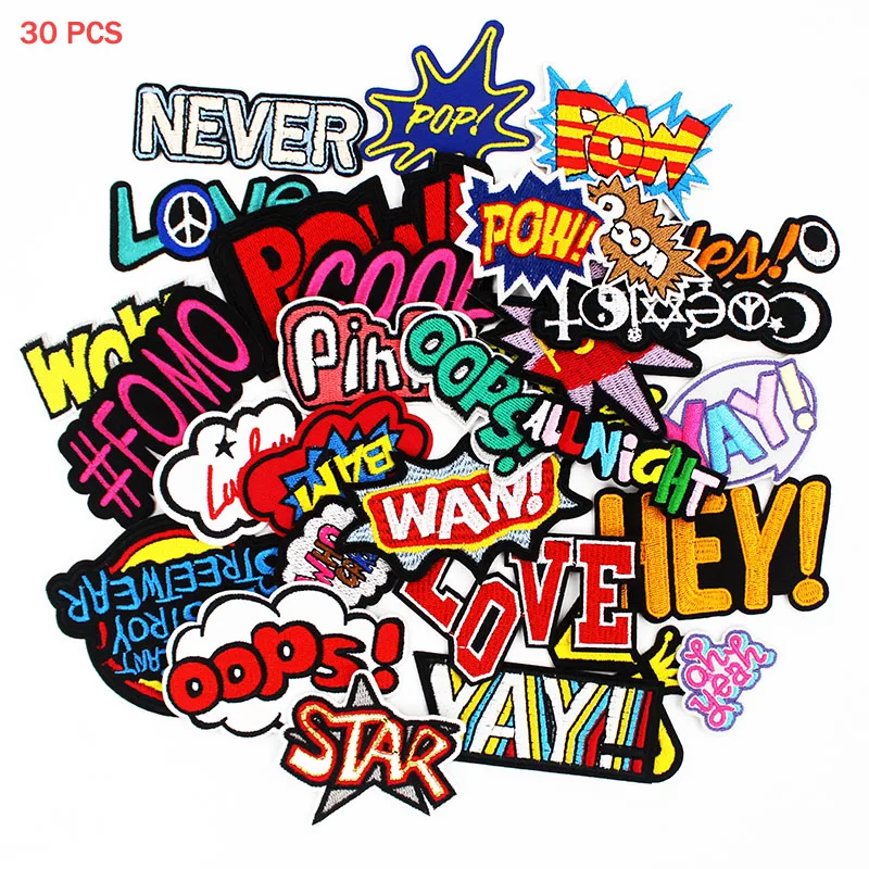 

30pcs/lot Wholesale Letters Embroidered Iron on Patches badges Handmade Fabric Sticker for clothing Jacket DIY Appliques