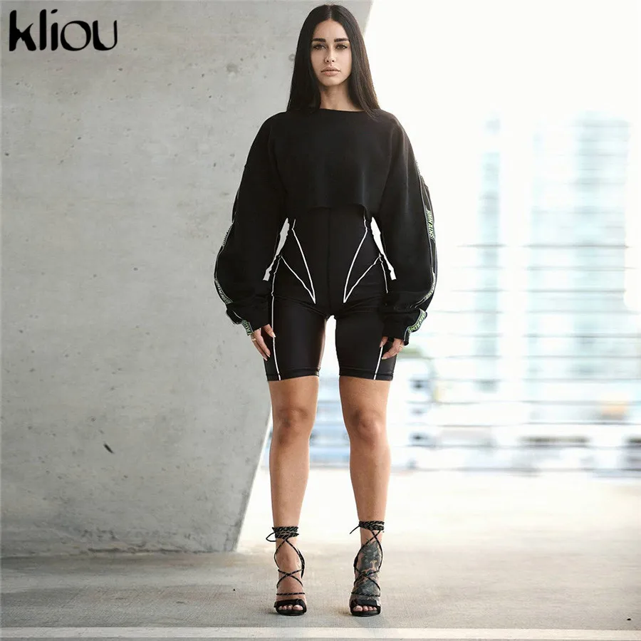 Kliou 2019 جديد المرأة الياقة المدورة كم كامل اللياقة البدنية playsuit الأبيض مخطط خليط إلكتروني طباعة رفع نحيل عارضة ارتداءها