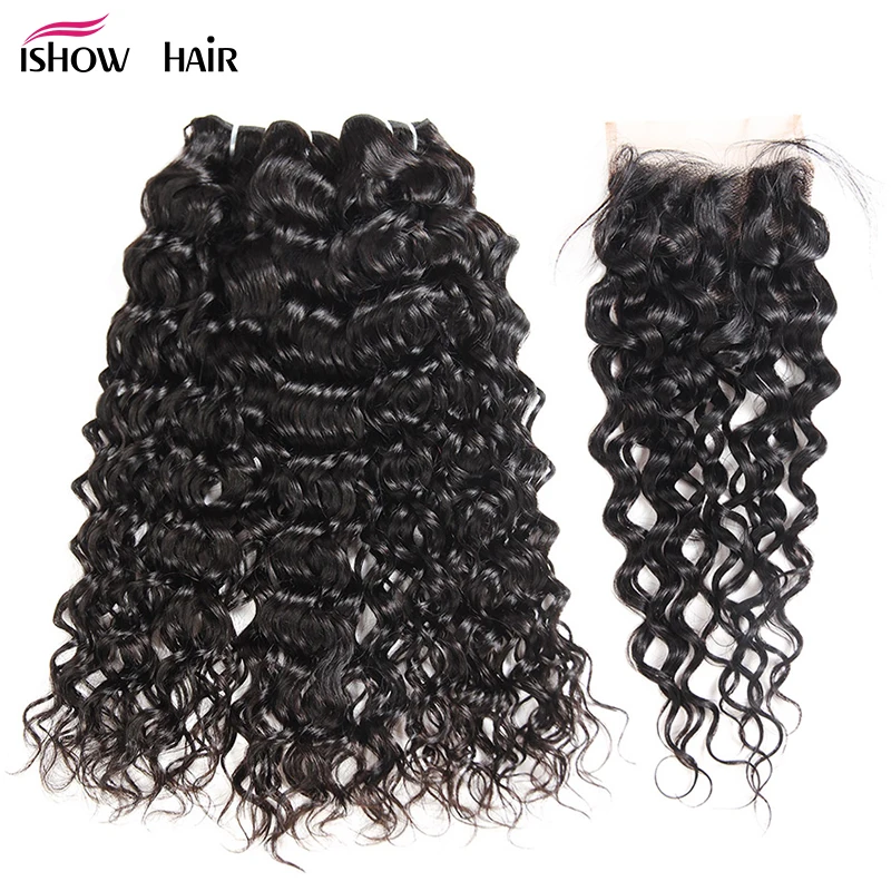 

Ishow Water Wave Bundles With Closure Free Part Human Hair 3 Bundles With Lace Closure Remy Peruvian Hair Bundles With Closure