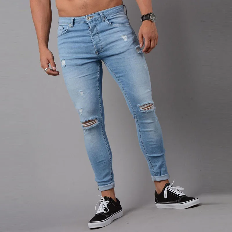 Новые Стрейчевые мужские обтягивающие Стрейчевые состаренные джинсы, рваные зауженные джинсы