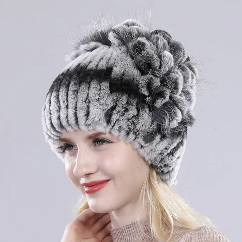 Новые русские Женские Настоящий мех кролика Skullies шапки Роскошные вязаные цветы натуральная шапка из меха кролика рекс зимние натуральный мех шапочки - Цвет: color 4