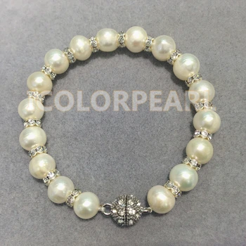 

WEICOLOR 9-10mm White Natural Freshwater Pearl Bracelet With Shiny Crystal on Elastic Or Magnet Clasp.