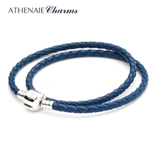 ATHENAIE синий двойной плетеный кожаный 925 пробы серебряный браслет с застежкой Размер 13,39 дюймов Подходит для европейских бусин