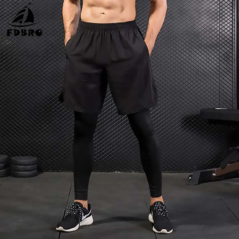 

FDBRO Men Tights Fake Two Pieces Fitness Running Training Leisure Elastic Quick-drying Fitness Pants Sweatpants Track Pants