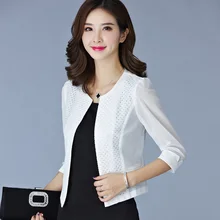 Women Black White Gauze Jacket Summer 2017 Chiffon Cardigan Sexy 3/4 Sleeve Plus Size Slim Jackets Office Lady Coat Tops A385