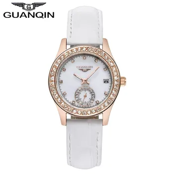 

GUANQIN Women watch luxury brand luminous waterproof fashion diamond ultra-thin women quartz genuine white leather watch women