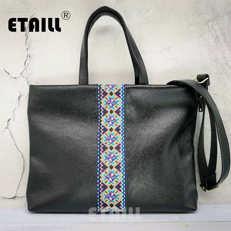

Embroidered Split Leather Laptop Bags for Women Briefcase Men 13 13.3 14 inch Casual Notebook Bag for Macbook Air Pro
