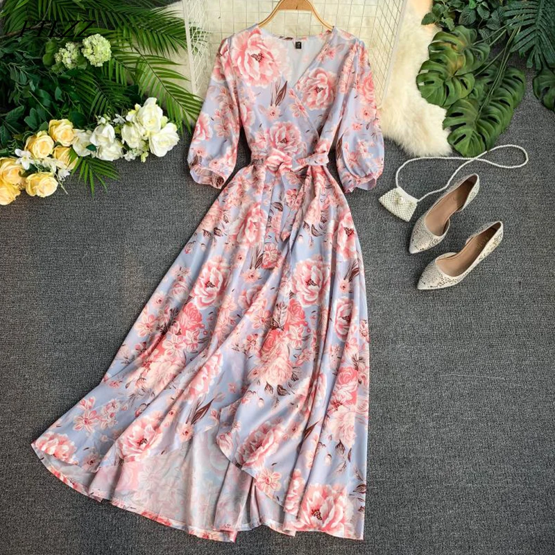 

FTLZZ 2019 New Women Elegant Floral Print Dress Summer V-neck High Waist Long Dresses Female Party Beach Dress Vestido