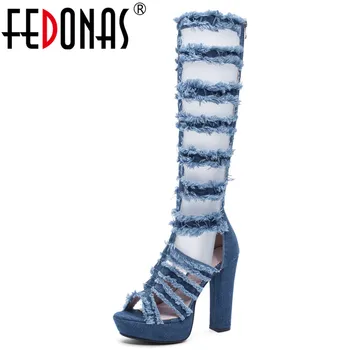 

FEDONAS Women Fashion Super High Heels Sexy Breathable Denim Spring Summer Pumps Personality Female Back Zipper Motorcycle Boots