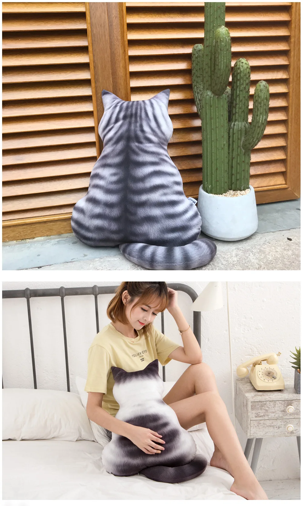 Cute Creative 3D Cat Back Shadow Pillow Black Cat Cushion Plush Funny Toy with Tail Animal Simulation Doll Cat Gifts