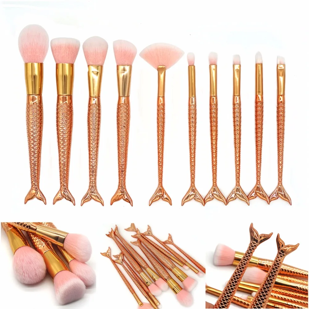 

FOEONCO 10Pcs Rose Gold Mermaid Makeup Brushes Eyebrow Eyeliner Blush Blending Contour Foundation Cosmetic Make Up Fish Brush