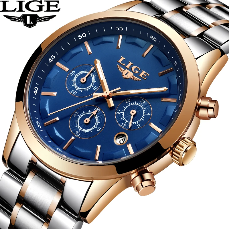 

LIGE Mens Watches Top BrandLluxury Mens Military Sports Watch Mens Stainless Steel Waterproof Quartz Watch Relogio Masculino+Box