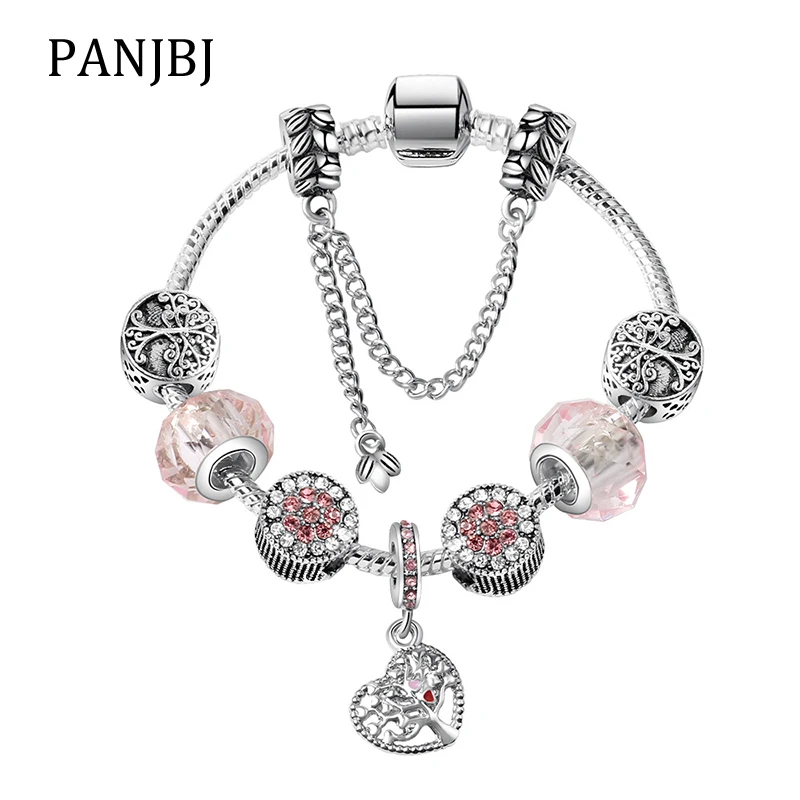 

Silver Plated Bead Alloy Bracelet Tree of Life Pink Crystal Snake Chain Basic Charm Bracelet For Fashion Women DIY Jewelry Gift