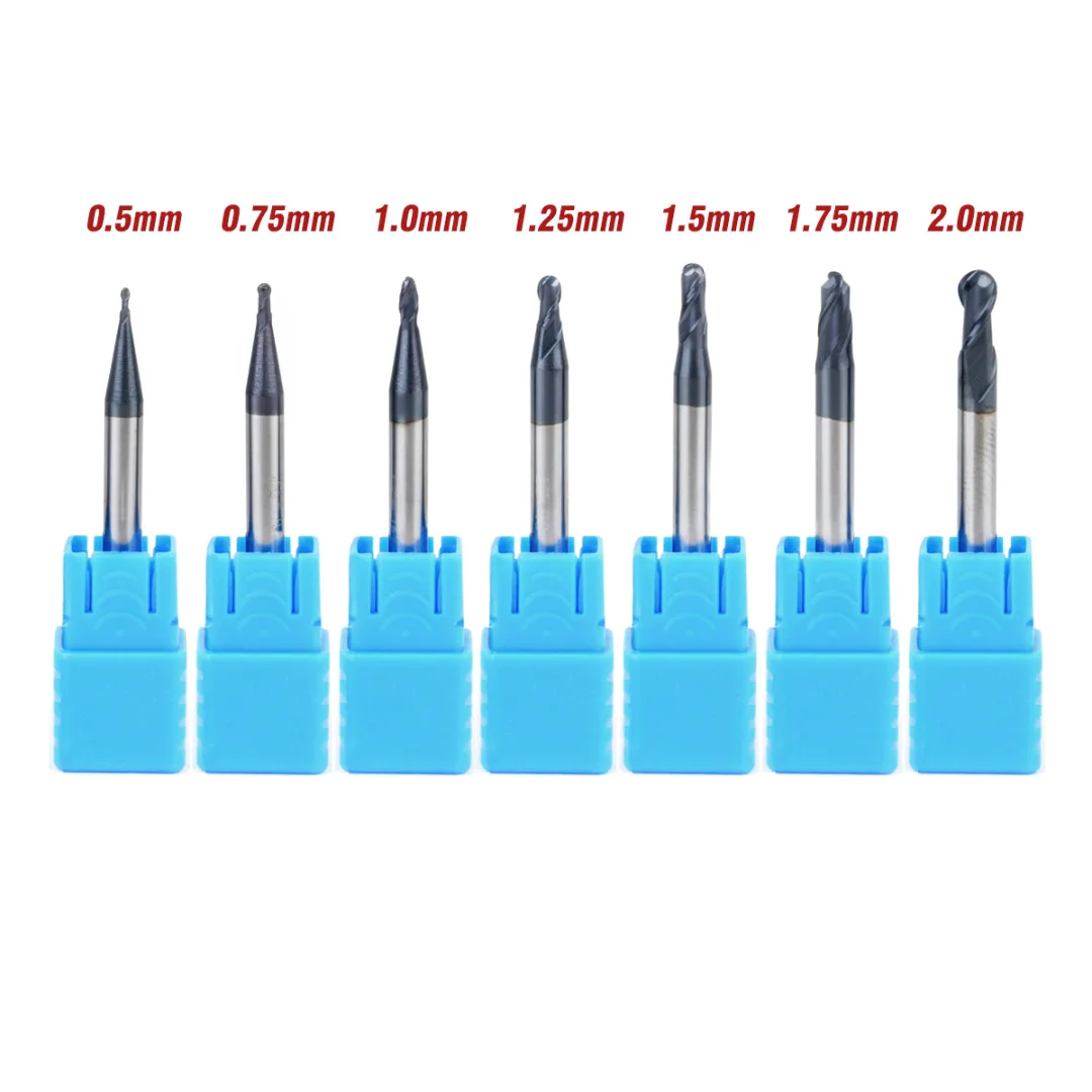7Pcs Tungsten Carbide End Mill 2 Flutes Ball Nose Engraving CNC Radius 0.5-2.0MM End Mill Router Bit Set Milling Cutter