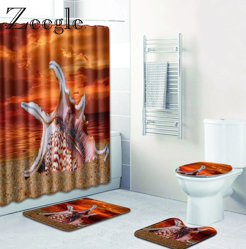 Zeegle Starfish Pattern 4PCS Bathroom Set and Shower Curtain Floor Carpet Modern Anti Slip Toilet Rug Water Absorbing Bath Mats | Дом и сад