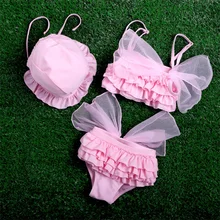 Г., Летний Детский бикини, милый купальник для малыша, для девочек, с рюшами, с бантом, костюм принцессы из двух предметов для плавания с шапкой, От 0 до 2 лет