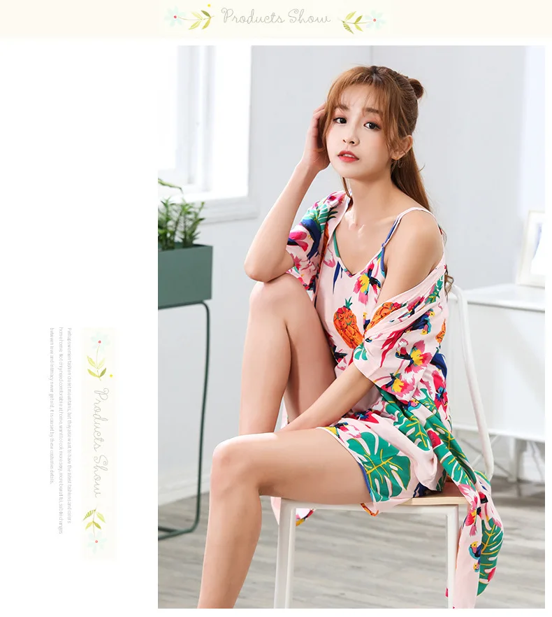 Women's pajamas autumn pure cotton long-sleeved summer sweet sexy suspenders nightgown three-piece suit home clothes flower