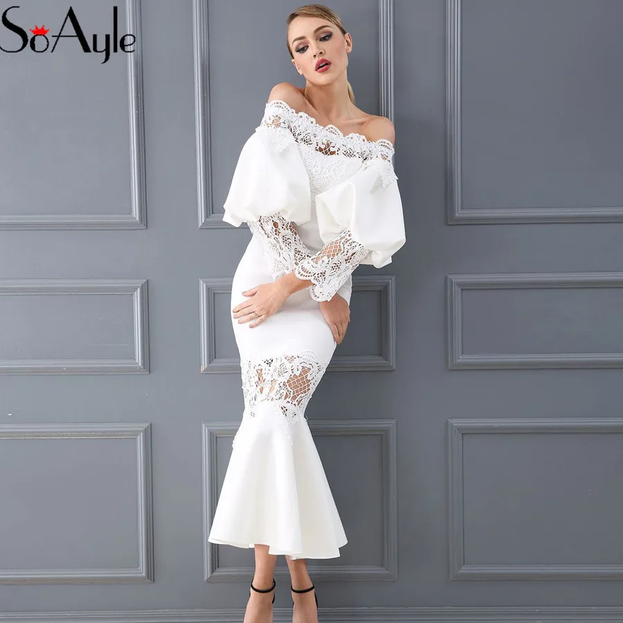 SoAyle Mermaid Off the Shoulder Puffy Sleeves Lace Applique Tea Length Gorgeous Evening Dresses 