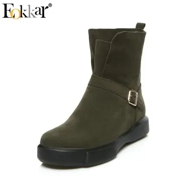 

Eokkar 2019 Flock Women Dress Boots Buckle Ankle Boots Slip On Square Heel Pleated Casual Winter Boots Black Shoes Size 34-43