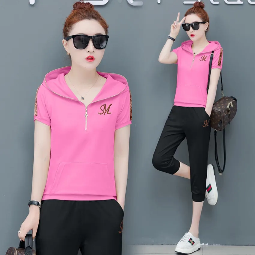 

Pink Tracksuit for Women 2 Piece Sets 2019 Summer Outfit Sportswear Co-ord Set Plus Size Big Clothing Pant Suits and Hoodies Top