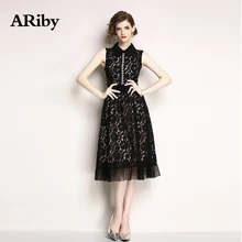 Women Dress Plus Size Summer Dress 2019 New Elegant Sleeveless Lace Black A-Line Print Mid-Calf Empire Turn-down Collar Dress