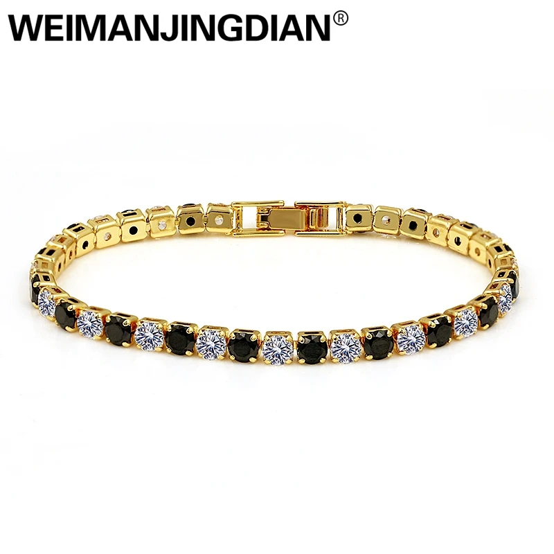 WEIMANJINGDIAN العلامة التجارية الأسود والأبيض 4 مللي متر جولة قطع مكعب زركونيا كريستال تشيكوسلوفاكيا أساور التنس للنساء أو الزفاف