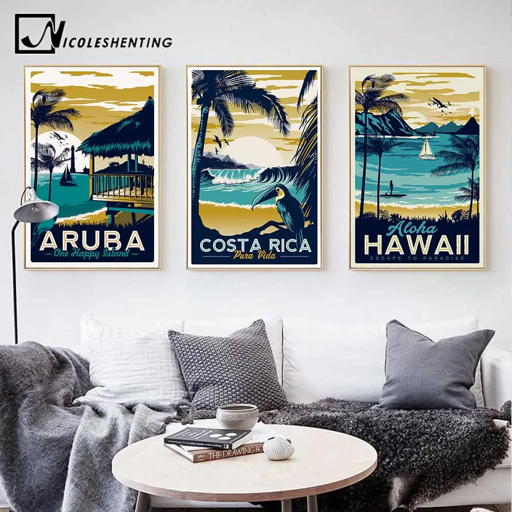 

NICOLESHENTING Aruba Hawaii Sea Beach Vintage Minimalist Art Canvas Painting Landscape Picture Print Modern Home Room Decor
