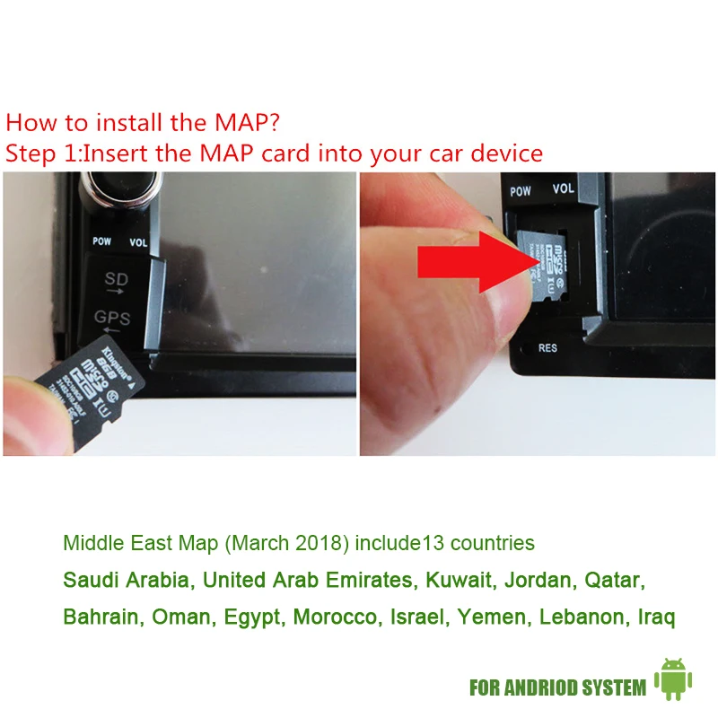 Car navigation display fit for Android system car auto GPS navigation 8GB micro SD card map of Middle East