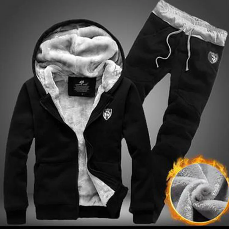 Adisputent Autumn Winter Thick Men Suits Men's Sportswear Tracksuit with Zipper Hoodie Two Pieces Set Drawstring chandal hombre