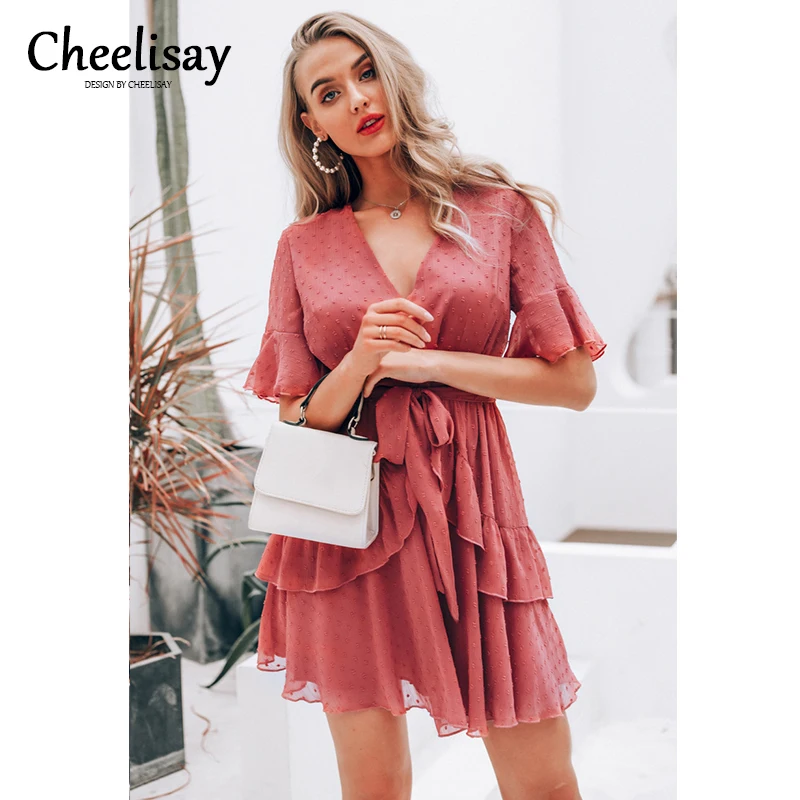 

2019 Summer Casual Sashes Sexy Solid Dress Short Sleeve Hot Seller Chiffon Sexy V-neck Dress With Flounces Vestidos De Fiesta