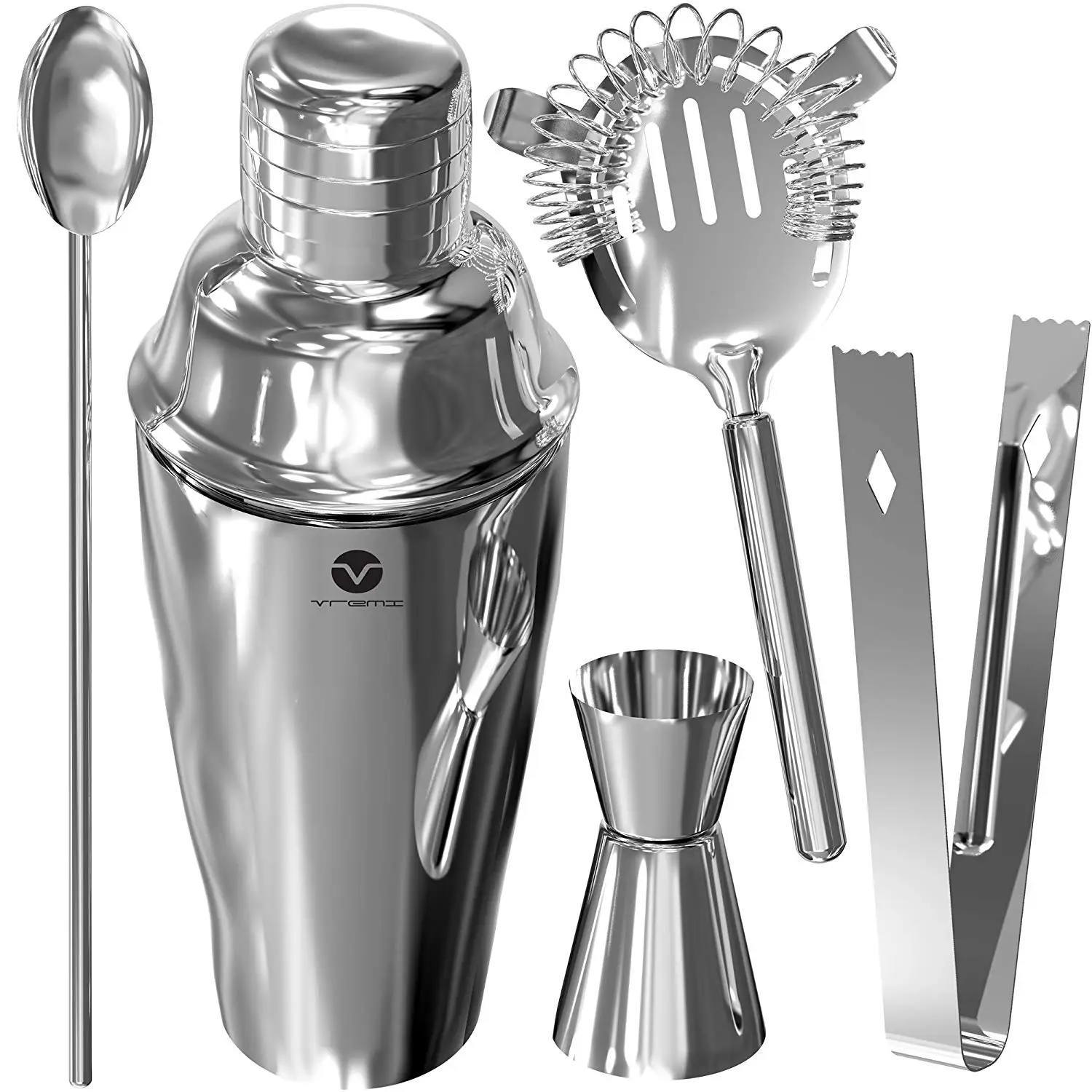 Stainless Steel Cocktail Shaker Set Strainer Jigger Shot Glass Stirring
